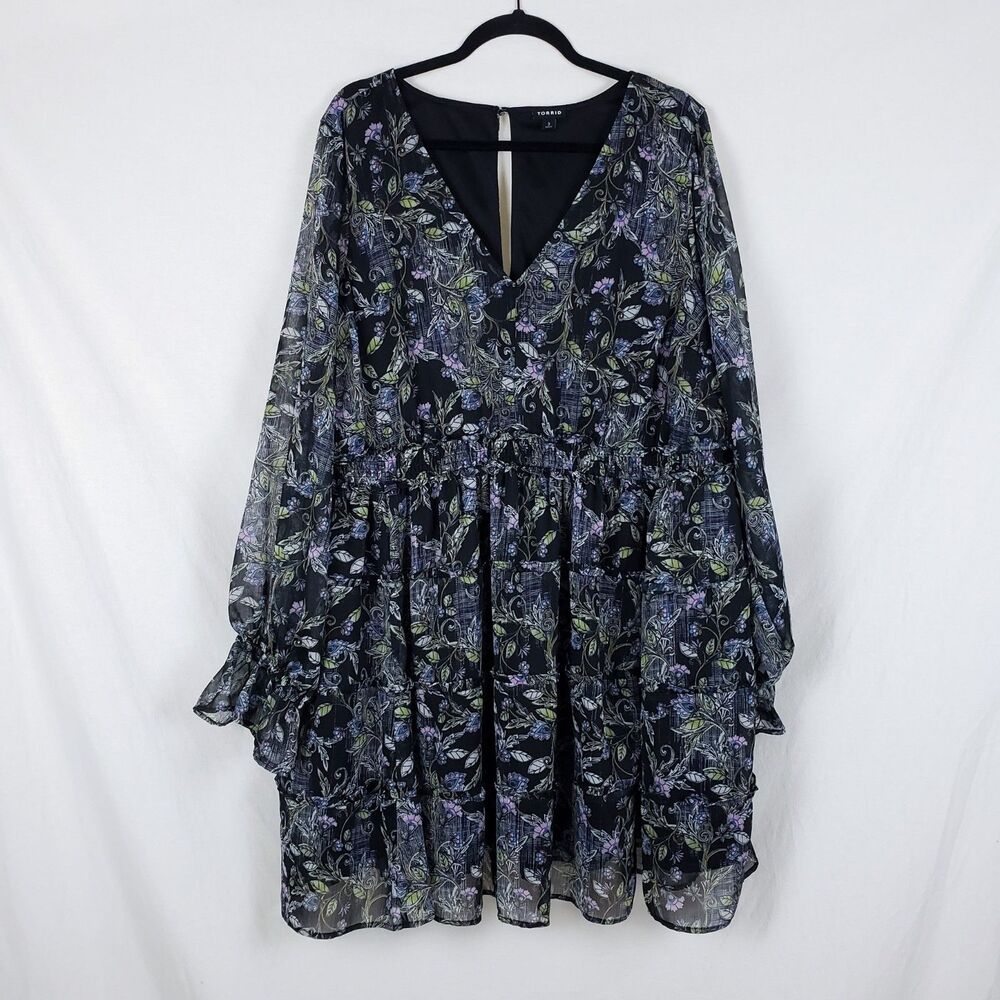 Torrid Dark Romantic Floral Tiered Chiffon Dress Womens 3X Sheer Sleeve Ruffles